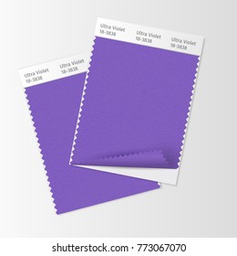 Fabric samples, textile swatch template for interior design mood board with Ultra Violet 2018 Color of the year. Trendy color palette, purple piece of fabric. Vector illustration for blog posts
