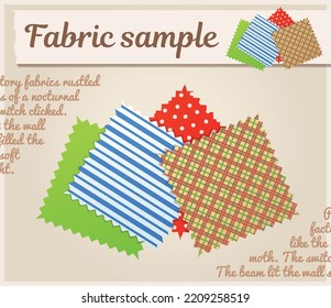 Fabric samples vector illustration. Textile pieces design icon, fashion pallete concept, cloth material swatches, set of colored tissues