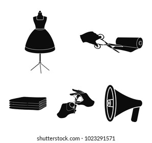 Fabric, scissors for cutting fabrics, hand sewing, dummy for clothes. Sewing and equipment set collection icons in black style vector symbol stock illustration web.