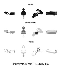 Fabric, scissors for cutting fabrics, hand sewing, dummy for clothes. Sewing and equipment set collection icons in black,monochrome,outline style vector symbol stock illustration web.