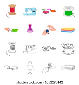 Fabric, scissors for cutting fabrics, hand sewing, dummy for clothes. Sewing and equipment set collection icons in cartoon,outline style vector symbol stock illustration web.