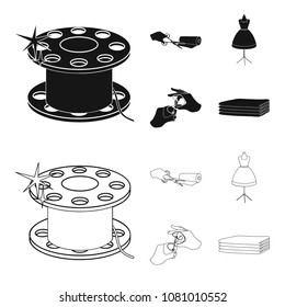 Fabric, scissors for cutting fabrics, hand sewing, dummy for clothes. Sewing and equipment set collection icons in black,outline style vector symbol stock illustration web.