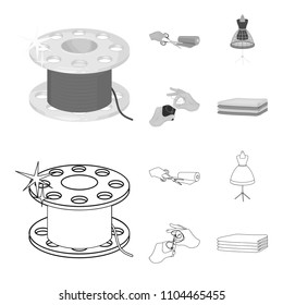 Fabric, scissors for cutting fabrics, hand sewing, dummy for clothes. Sewing and equipment set collection icons in outline,monochrome style vector symbol stock illustration web.
