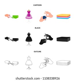 Fabric, scissors for cutting fabrics, hand sewing, dummy for clothes. Sewing and equipment set collection icons in cartoon,black,outline style vector symbol stock illustration web.