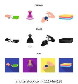 Fabric, scissors for cutting fabrics, hand sewing, dummy for clothes. Sewing and equipment set collection icons in cartoon,black,flat style vector symbol stock illustration web.