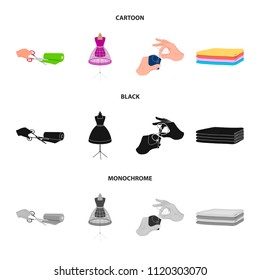 Fabric, scissors for cutting fabrics, hand sewing, dummy for clothes. Sewing and equipment set collection icons in cartoon,black,monochrome style vector symbol stock illustration web.