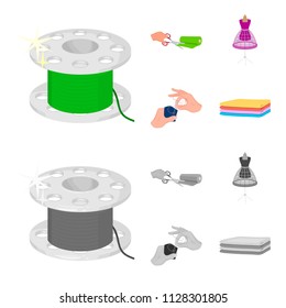 Fabric, scissors for cutting fabrics, hand sewing, dummy for clothes. Sewing and equipment set collection icons in cartoon,monochrome style vector symbol stock illustration web.