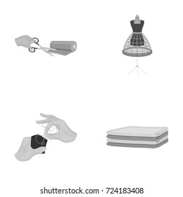 Fabric, scissors for cutting fabrics, hand sewing, dummy for clothes. Sewing and equipment set collection icons in monochrome style vector symbol stock illustration web.