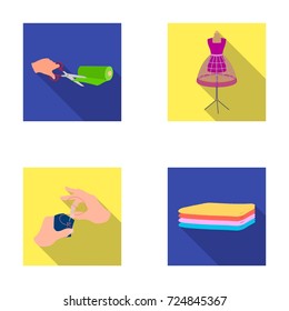 Fabric, scissors for cutting fabrics, hand sewing, dummy for clothes. Sewing and equipment set collection icons in flat style vector symbol stock illustration web.