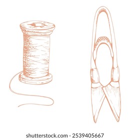 Tesoura de tecido corte snips, fio bobbin spool skein. Mão desenhada tinta vetor ilustração costurar suprimentos ofício. Conjunto de objetos isolados em fundo branco. Ateliê de design, alfaiate, loja de hobby