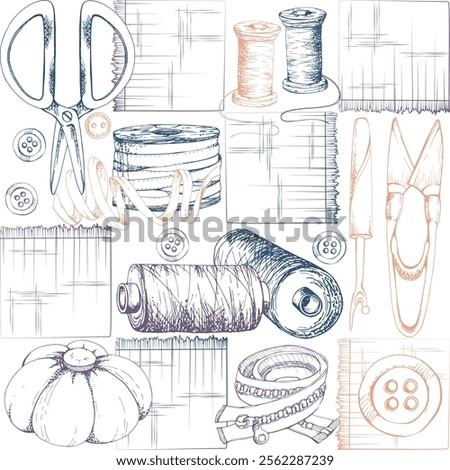 Fabric scissors pin cushion, ribbon bobbins bow, zipper, indigo beige. Hand drawn ink vector illustration sewing craft supplies. Seamless pattern isolated white background. Atelier, tailor, hobby shop