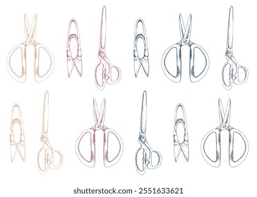 Fabric scissors shears thread cutting snips, sewing craft embroidery supplies tools. Hand drawn ink vector illustration. Set of objects isolated on white background. Design atelier, tailor, hobby shop