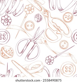 Fabric scissors snaps, pins, buckle buttons ribbon bow tie, red beige. Hand drawn ink vector illustration sewing craft supplies. Seamless pattern isolated on white. Design atelier, tailor, hobby shop