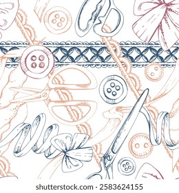 Fabric scissors snaps, wooden buttons ribbon lace, indigo beige red. Hand drawn ink vector illustration sewing craft supplies. Seamless pattern isolated white background. Atelier, tailor, hobby shop