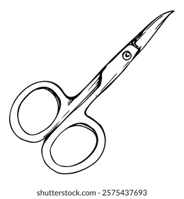 Fabric scissors thread cutting snips. Manicure pedicure hairdresser sewing craft embroidery supplies tools. Hand drawn ink vector illustration isolated object. Atelier tailor hobby shop, beauty parlor