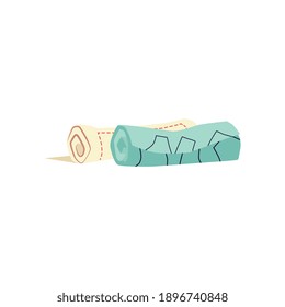 Fabric scrap rolls isolated on white background - two pieces of beige and green rolled sewing cloth or garment designs on paper schemes in flat cartoon style - vector illustration