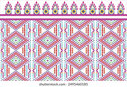 Fabric  sealess Tribal pattern geometric ethnic oriental  traditional on pink and white background.Aztec style,embroidery,abstract,vector.design for texture,fabric,clothing,wrapping,carpet.