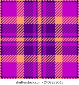 Fabric seamless background of pattern texture check with a tartan plaid vector textile in purple and orange colors.