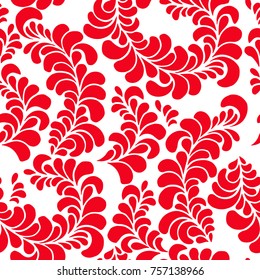 Fabric seamless pattern. Floral vivid abstract wave ornament, hand drawn vector background made of simple doodles. Tangle red and white pattern, boho style texture for clothes prints, pillow, bandanna