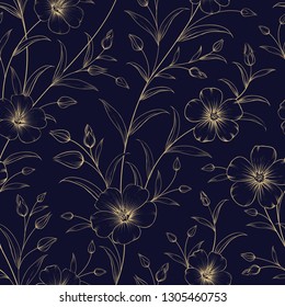 Fabric seamless pattern over dark blue background. Vintage fabric with flowers. Book cover with floral texture. Golden lines on blue background. Vector illustration.