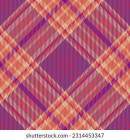 Fabric seamless pattern of tartan textile texture with a check background vector plaid in violet and red colors.