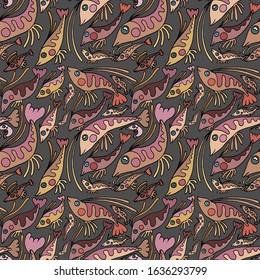 fabric seamless print with funny colored vector ocean shrimps