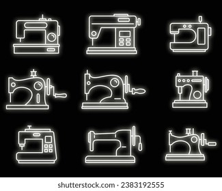 Juego de iconos de máquina de coser de tejido. Conjunto de esquemas de la máquina de coser de tela iconos vectoriales neón color sobre negro