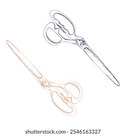 Tecido costurar artesanato tesoura tesouras corte fio snips, bordados fornece ferramentas. Ilustração de vetor de tinta desenhada à mão. Conjunto de objetos isolados em fundo branco. Ateliê de design, alfaiate, loja de hobby