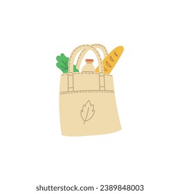 Fabric shopper with bread, bottle of milk and salad leaves flat style, vector illustration isolated on white background. Decorative design element, reusable, zero waste lifestyle