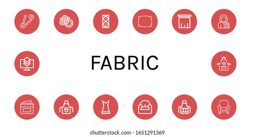 fabric simple icons set. Contains such icons as Safety pin, Carpet, Pillow, Curtain, Tailor, Moisturizing, Apron, Nightgown, Armchair, Layers, can be used for web, mobile and logo