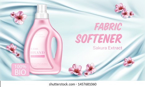 Fabric softener bottle with sakura flower extract promotional poster template. Pink cherry blossom petals, laundry detergent package on silk light blue background. Realistic 3d vector illustration