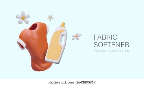 Fabric softener concept. Aromatic detergent for clothes. Vector horizontal poster in realistic style. Shirt, chamomile flowers, large plastic bottle with blank label