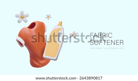 Fabric softener concept. Aromatic detergent for clothes. Vector horizontal poster in realistic style. Shirt, chamomile flowers, large plastic bottle with blank label