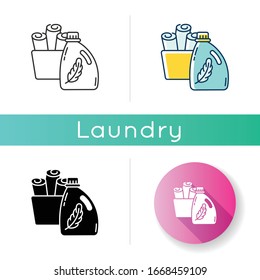 Fabric softener icon. Cleaning product packaging, laundry detergent conditioner bottle. Chemical substance, delicate washing. Linear black and RGB color styles. Isolated vector illustrations