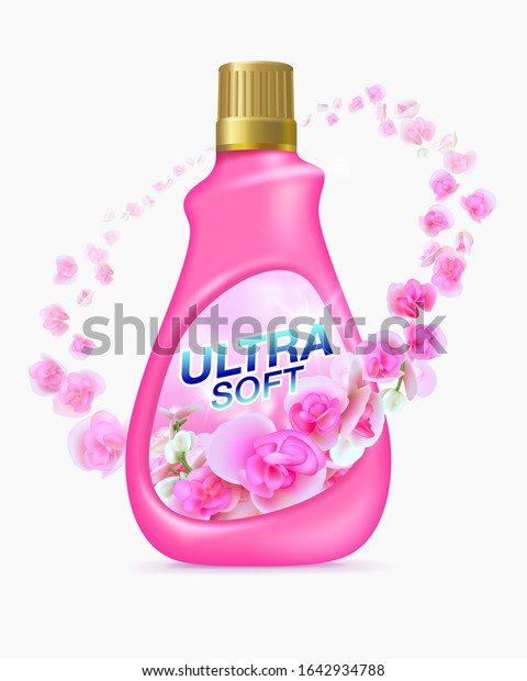 Fabric softener products Premium design with\
fragrant flowers, pink bottles, golden bottle cap on a white\
background. advertising media, fabric softeners, iron detergent,\
dry cleaners,\
detergents.