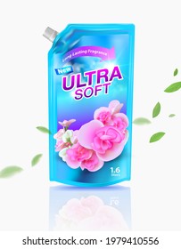 Fabric softener products refill  Premium design, fragrant flowers, blue refill, silver bottle caps on a white background, advertising media, fabric softeners, iron detergent, dry cleaners, detergents.