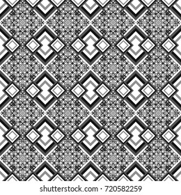 Fabric spring ornament with tiles. Seamless rhombus pattern. Pin up style. Abstract holiday wrapping paper in gray, white and black. Traditional design of 50s. Vector tiled background.