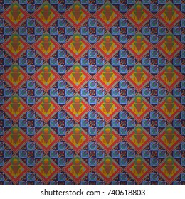 Fabric spring ornament with tiles. Traditional design of 50s. Abstract holiday wrapping paper in pink, violet and blue. Seamless rhombus pattern. Vector tiled background. Pin up style.