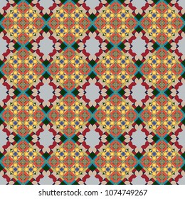 Fabric spring ornament with tiles. Vector tiled background. Traditional design of 50s. Abstract holiday wrapping paper in yellow, red and blue. Pin up style. Seamless rhombus pattern.