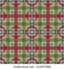 Fabric spring ornament with tiles. Vector tiled background. Pin up style. Seamless rhombus pattern. Abstract holiday wrapping paper in gray, blue and beige. Traditional design of 50s.