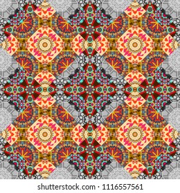 Fabric spring ornament with tiles. Vector tiled background. Traditional design of 50s. Abstract holiday wrapping paper in gray, red and blue. Seamless rhombus pattern. Pin up style.
