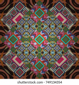 Fabric spring ornament with tiles. Vector tiled background. Pin up style. Seamless rhombus pattern. Traditional design of 50s. Abstract holiday wrapping paper in brown, blue and beige.