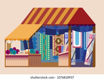 Fabric Street Store With Lots Of Carpets. Trade Fair. Flat Vector Illustration.