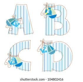Fabric striped marine patchwork alphabet. Letter A, B, C, D