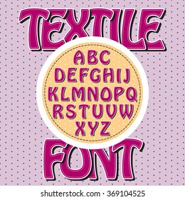 Fabric style alphabet. Pink font with textile effect. 