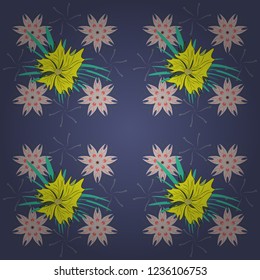 Fabric for summer tropical holiday. Lovely seamless pattern. Vector background with flowers. Abstract seamless bright background from picturesque stylized yellow, blue and gray flowers.