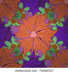 Fabric for summer tropical holiday. Lovely seamless pattern. Vector background with flowers. Abstract seamless bright background from picturesque stylized violet, brown and orange flowers.
