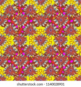 Fabric for summer tropical holiday. Vector background with flowers. Abstract seamless bright background from picturesque stylized gray, orange and brown flowers. Lovely seamless pattern.