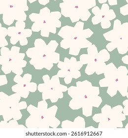 Fabric and surface pattern design with hand drawn bold simple flowers. Decorative floral background. Cutout style vector seamless pattern. Nostalgic vintage groovy allover print.