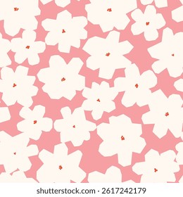 Fabric and surface pattern design with hand drawn bold simple flowers. Decorative floral background. Cutout style vector seamless pattern. Nostalgic vintage groovy allover print.